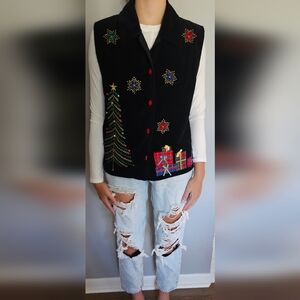 Ugly Christmas Vest Black Velvet Holiday Tree Buttons Dress Barn Women's Size M
